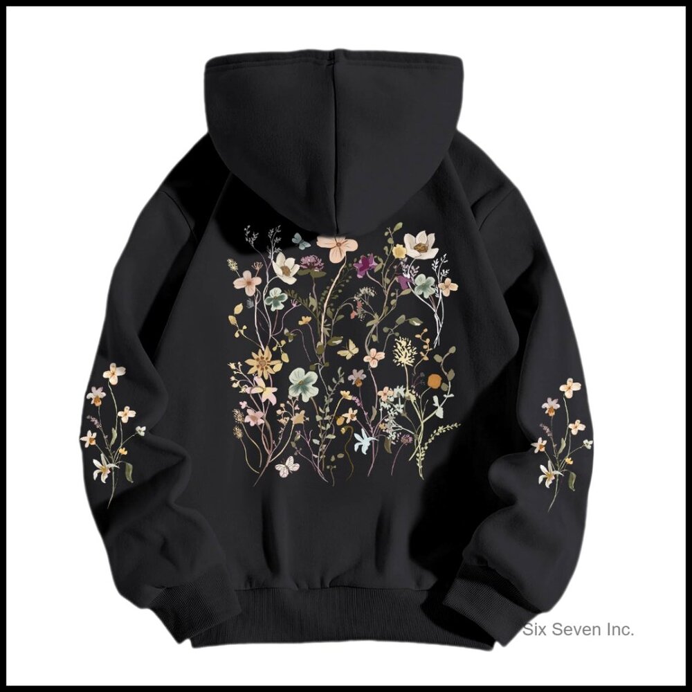 Floral Printed Hoodie Vintage Aesthetic Boho Thermal Fleece Pullover Sweatshirt